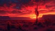 Dramatic desert scene with cactus against a fiery red sky