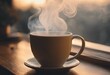 AI generated illustration of a steaming cup of coffee on a table