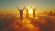   Three individuals leap above clouds, arms extended towards the sun behind them