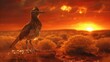Majestic roadrunner bird poised against a vivid sunset sky.