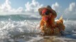   A chicken in a straw hat and sunglasses wades through a blue body of water beneath a clear blue sky