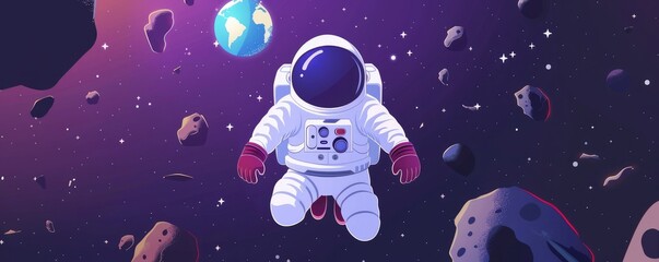 A cartoon space astronaut surrounded by stars while flying in space and the background is dark purple.