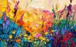 Oil painting of colorful flowers with bright yellow background inpasto technique