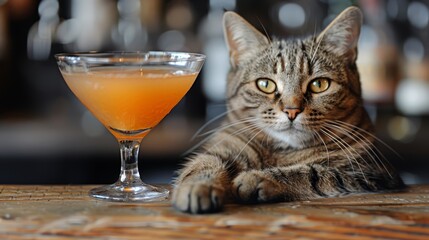   A cat sits on a table, next to two glasses – one containing orange juice each