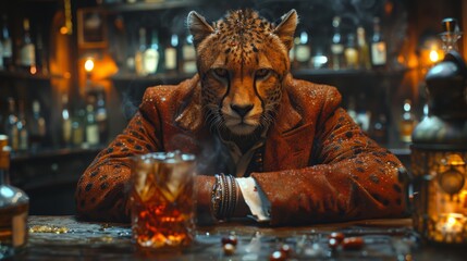 Canvas Print -   A cheetah in a leather jacket sits at a table, holding a glass of whiskey