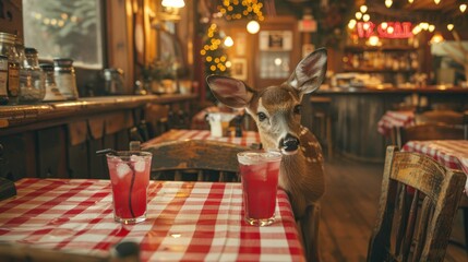   A deer peering over a red-checked table, two glasses of red liquid beside it