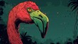 Vibrant cartoon illustration of an anthropomorphic flamingo in a tropical setting