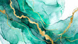 Royal green mint liquid marble watercolor background with gold lines. Teal turquoise marbled alcohol ink drawing effect. Contemporary liquid painting texture with bronze brush strokes