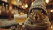   A squirrel in hat and scarf, next to a glass holding a drink and a cinnamon stick protruding