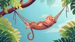   A monkey in a hammock, suspended from a tree in a tropical forest Above, a clear blue sky