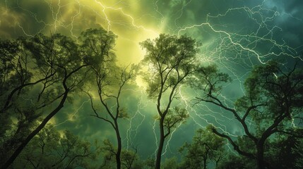 Wall Mural - Thunderstorm Backlighting Swaying Forest Canopy