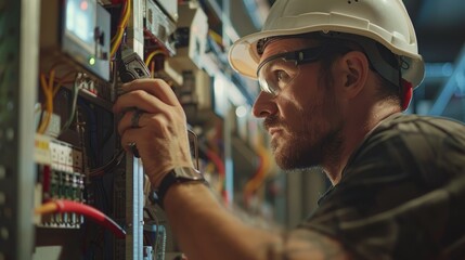 Professional Electrician at Work in Electrical Room