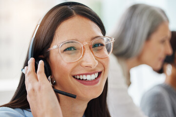 Poster - Portrait, headset or happy woman consulting in call center talking or networking online in telecom support. Smile, agent or virtual assistant in communication or conversation at customer services