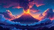 Vibrant digital artwork of an erupting volcano with a starry night sky