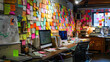 © crazyass - A chaotic yet creatively charged brainstorming room filled with colorful sticky notes covering every surface
