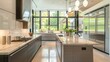 Modern kitchen Interior in white color tone with wooden floor and a view of nature,modern, open kitchen with stainless steel equipment and sleek finishes
