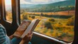 Traveler Immersed in Journey,Gazing Out Train Window at Blurred Countryside Landscapes