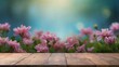 Empty wooden table with beautiful blur bokeh flower background, photorealistic