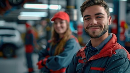 Aufkleber - A team of car mechanics smiling as they stand in an auto garage. There are two cars on car lifts behind them. Generative AI.