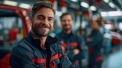 Aufkleber - A team of car mechanics smiling as they stand in an auto garage. There are two cars on car lifts behind them. Generative AI.