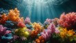 Vibrant underwater seascape with colorful coral reefs and sun rays penetrating blue ocean water