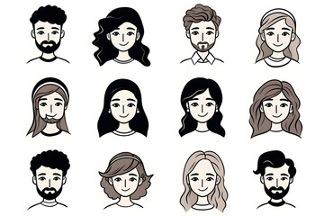 Canvas Print - Set of doodle people faces black and white, minimalist avatars line drawing