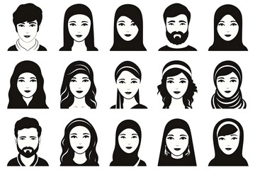 Sticker - Set of doodle people faces black and white, minimalist avatars line drawing