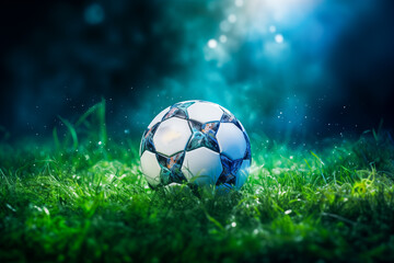 Wall Mural - Europe EM 2024 Football Soccer ball on green grass with light motion tripling ,art design