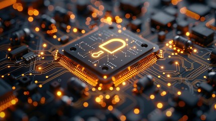 Fototapete - Protect and Security concept. Padlock on microchip processor, technology background. Generative AI.