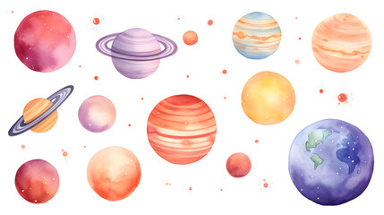 Wall Mural - Hand drawn colorful watercolor space set of planet isolated of white background	