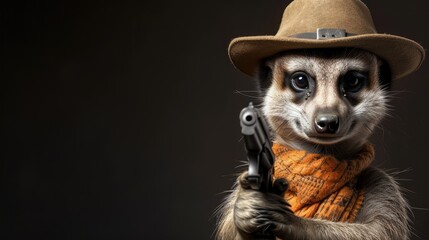 Wall Mural - Meerkat in a stylish hat brandishes a firearm confidently, Ai Generated