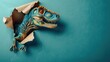 A humorous dinosaur peers through a ripped hole in a contrast pastel color paper background, Ai Generated
