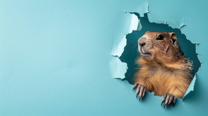 Wall Mural - A humorous groundhog  peers through a ripped hole in a contrast pastel color paper background, Ai Generated