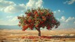 An apple tree full of red apples in the middle of a desert