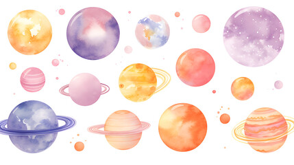 Wall Mural - Hand drawn colorful watercolor space set of planet isolated of white background
