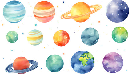 Wall Mural - Hand drawn colorful watercolor space set of planet isolated of white background
