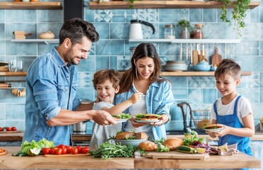 Family making salads together in a kitchen.