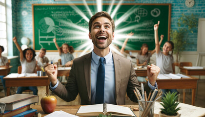 happy smiling teacher over classroom background. professions, education, people concept