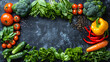 Fresh vegetables border dark background center copy space healthy diet 