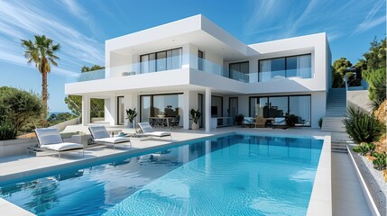 Poster - Modern white villa with pool, beach house, blue sky, swimming pools and sunbeds. Generative AI.