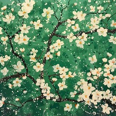 Wall Mural - AI generated illustration of an oil painting of white flowers against a green background