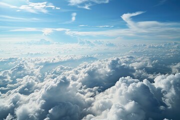 Wall Mural - Blue sky with clouds from above, Blue sky with clouds from above,White clouds on blue sky background close up, cumulus clouds high in azure skies, AI generated