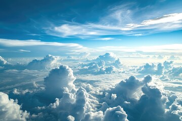 Canvas Print - Blue sky with clouds from above,White clouds on blue sky background close up, cumulus clouds high in azure skies,  AI generated
