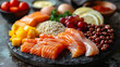Healthy food fruits chickpeas green salmon avocado keto diet legumes fruit and salmon pieces dark background