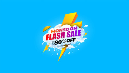 Wall Mural - Rain, monsoon flash Sale 80% off deal offer. EPS vector illustration.