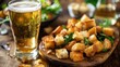 Lager beer and bread croutons presented on a wooden surface