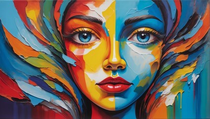 Wall Mural - Conceptual oil painting depicting a face in vibrant colors.