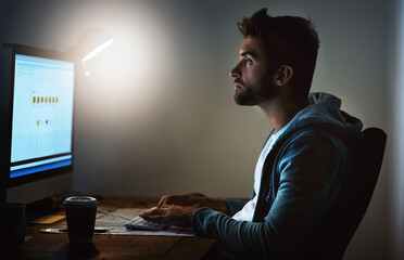 Man, computer and screen for webdesign at night with deadline, website development or coding at startup. Creativity, digital and software programming with tech, working late and UI for internet vlog