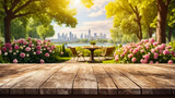 Fototapeta Motyle - Painting of city skyline behind table and chairs set up in garden.