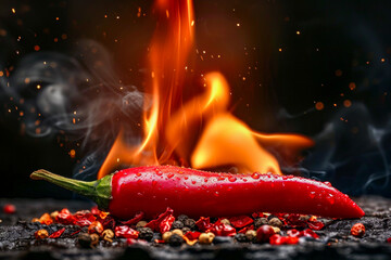 Canvas Print - Long thin red chili pepper is sitting on table in front of fire with sparks and embers flying around it.